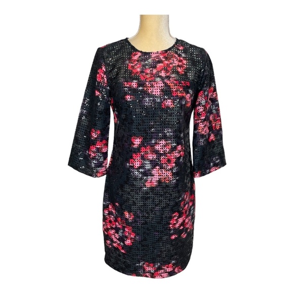 Trina Turk Dresses & Skirts - Trina‎ Turk Floral Sequin Party Dress Black Pink 3/4 Sleeves Size 2 Dressy